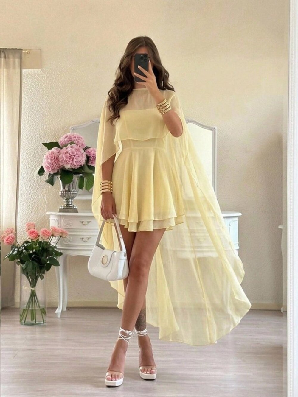 Yellow Women's Pleated Spaghetti Strap mini Dress